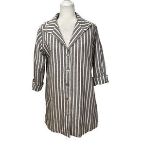 Le Paris Petit Women's Shirt Dress Long Sleeve Gray White Stripes Size M Linen